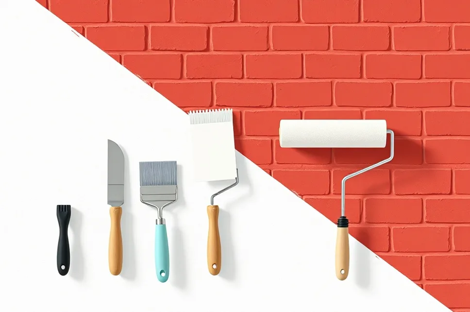 Outils de peinture disposés dans l'ordre des étapes du chantier