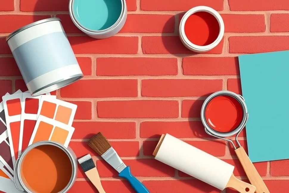 Pots de peinture, nuancier, brosses et rouleaux disposés à plat