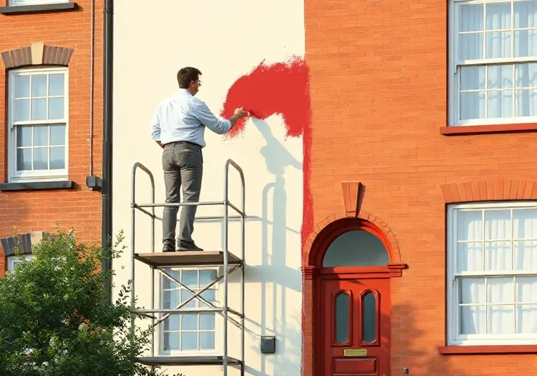 Peintre sur échafaudage traitant la façade d'une maison
