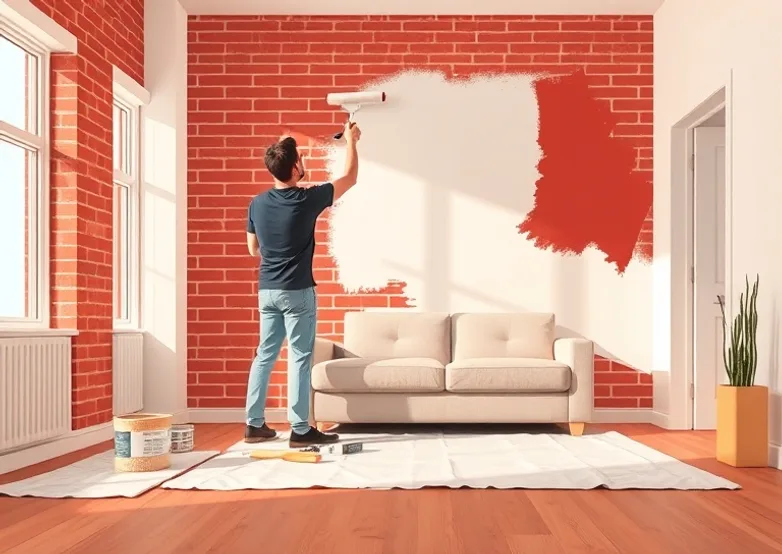 Peintre appliquant la peinture au rouleau sur un mur de salon